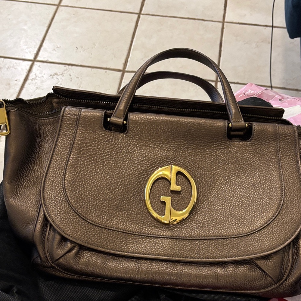 Gucci Dark Brown Pebbled Leather Satchel with Gold Double G Emblem